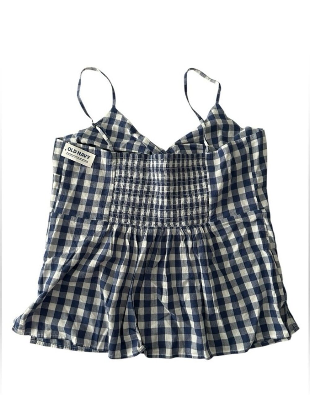 blue & white gingham print tie-front ruched back tank top - Picture 2 of 2